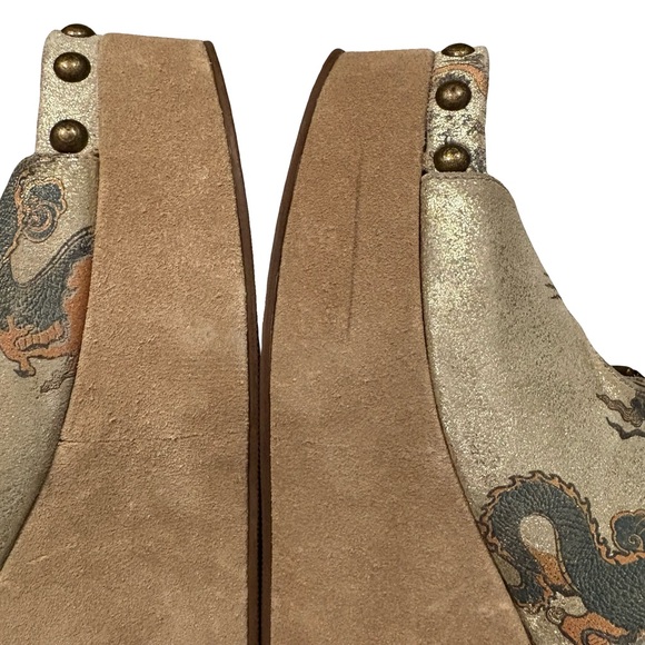 Rare Vtg Bridget Platform Wedge Leather Sandals Dragon Tattoo Print, Sz 9 - Picture 14 of 16